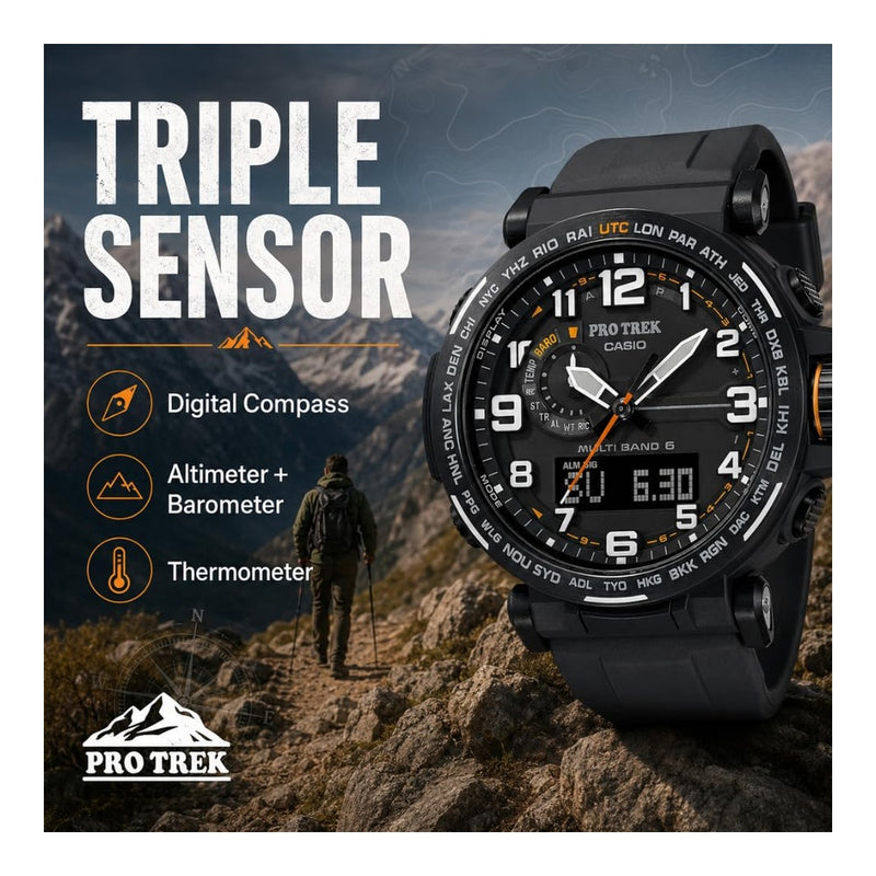 Reloj Casio Pro Trek, Sensor Triple, Resistente al Agua, Brújula, Altímetro, Barómetro, Termómetro, Movimiento de Cuarzo Solar