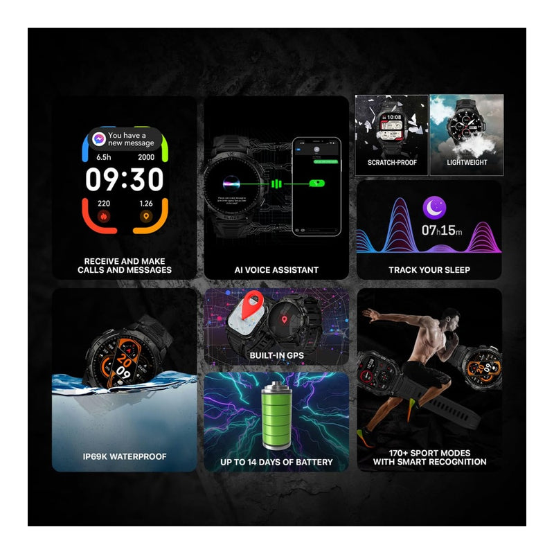 CARBINOX Blaze Smart Watch - GPS, 170+ modos deportivos, resistente al agua IP69K, compatible con Android/iOS, llamadas