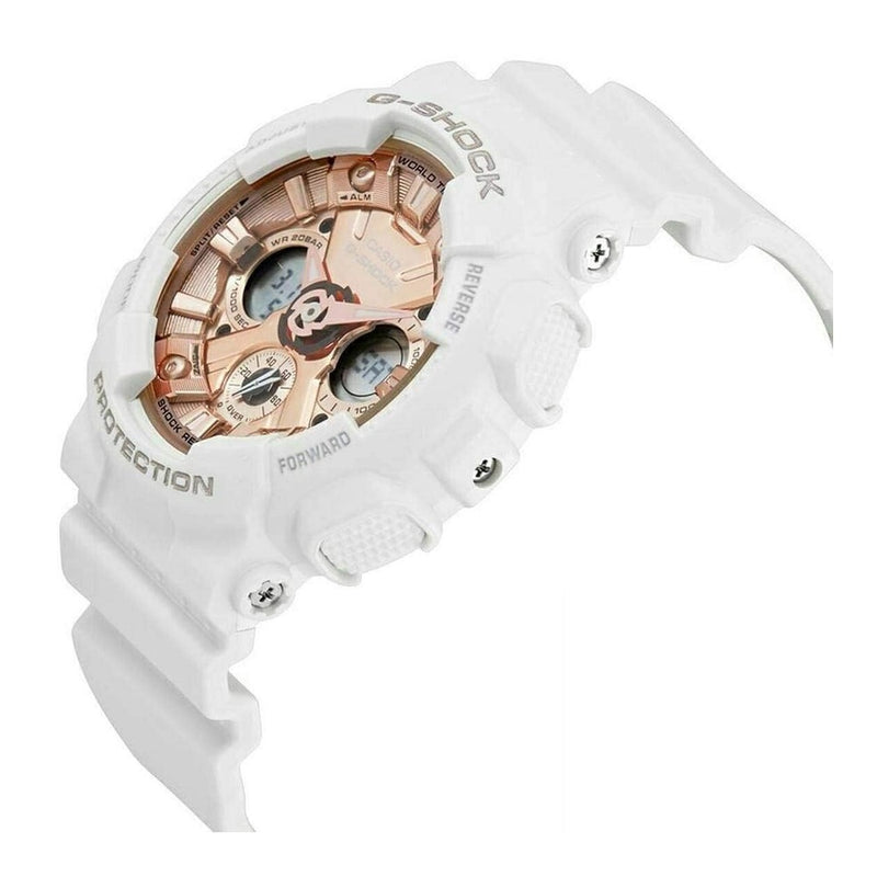 Reloj Casio G-Shock Blanco y Oro Rosa - Resistente al Agua y Golpes, Ideal para Mujer, Modelo GMS-S120MF-7A2CR