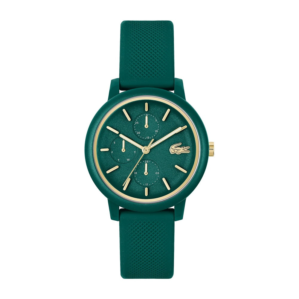 Lacoste 12.12 Reloj multifunción de cuarzo para mujer con diseño contemporáneo, esfera curvada de aluminio y correa de silicona