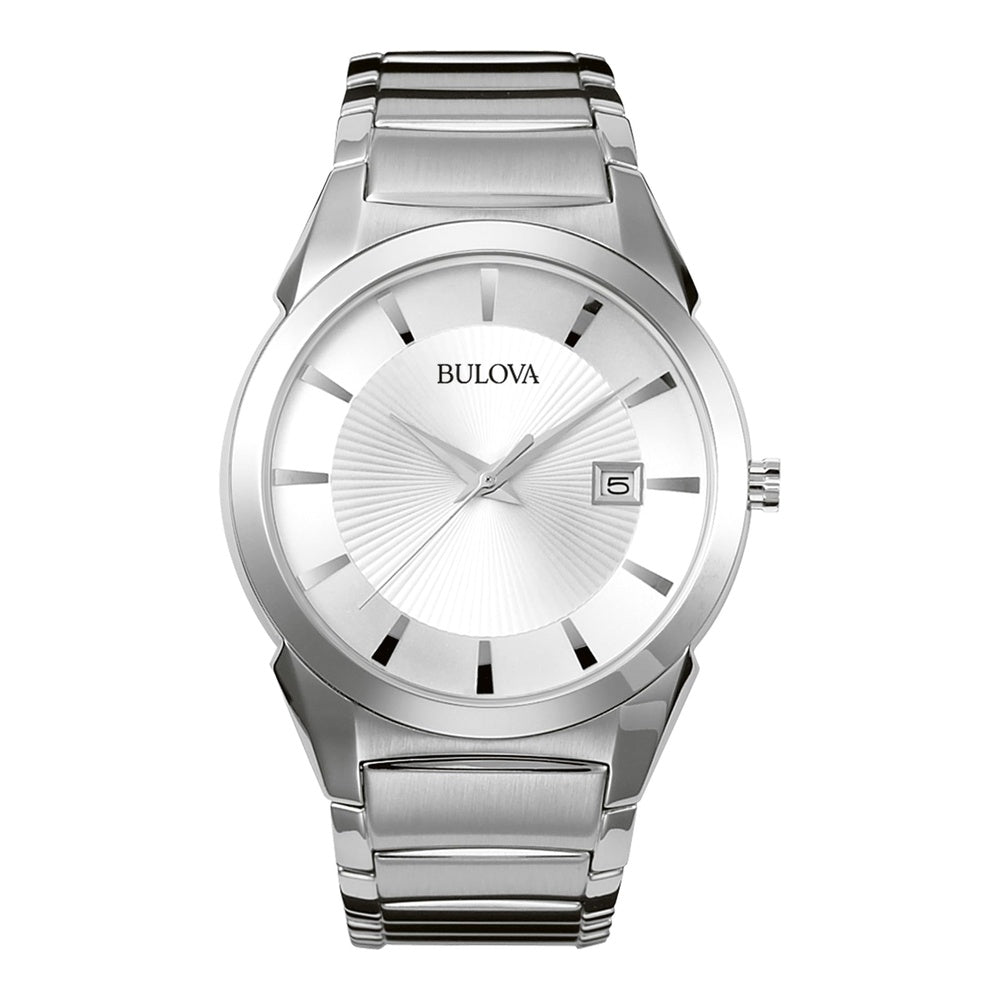 Bulova Reloj de cuarzo con calendario de 3 manecillas para hombre, esfera estampada, estilo clásico de acero inoxidable