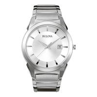 Bulova Reloj de cuarzo con calendario de 3 manecillas para hombre, esfera estampada, estilo clásico de acero inoxidable