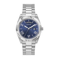 Reloj analógico GUESS con elegante diseño azul y plateado, pulsera de acero inoxidable y cierre de hebilla