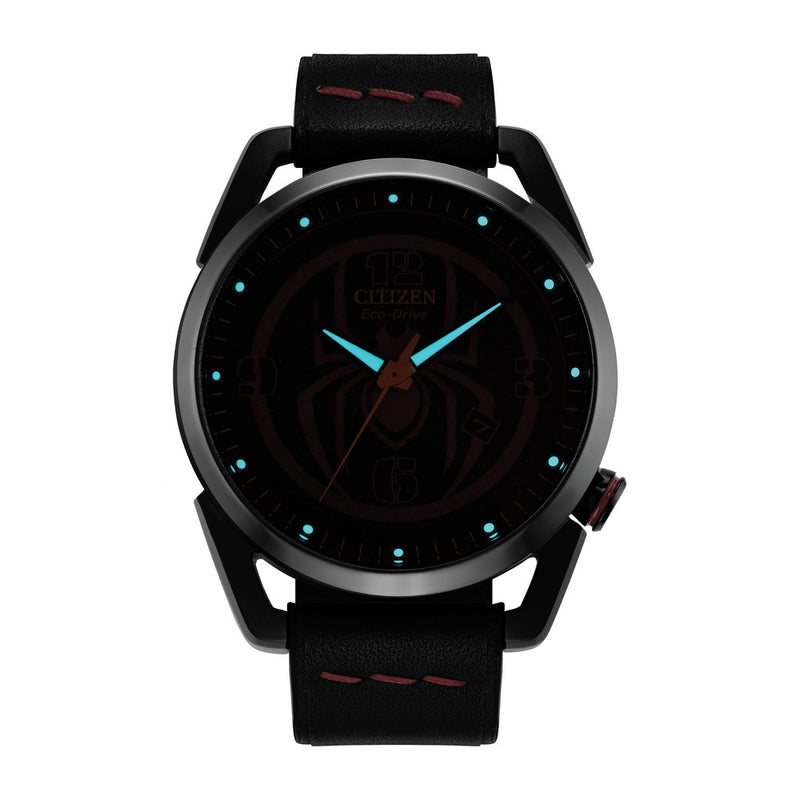 Citizen Reloj Eco-Drive Marvel Miles Morales acero inoxidable negro con correa cuero y esfera negra, modelo AW1685-00W