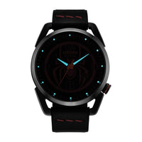 Citizen Reloj Eco-Drive Marvel Miles Morales acero inoxidable negro con correa cuero y esfera negra, modelo AW1685-00W