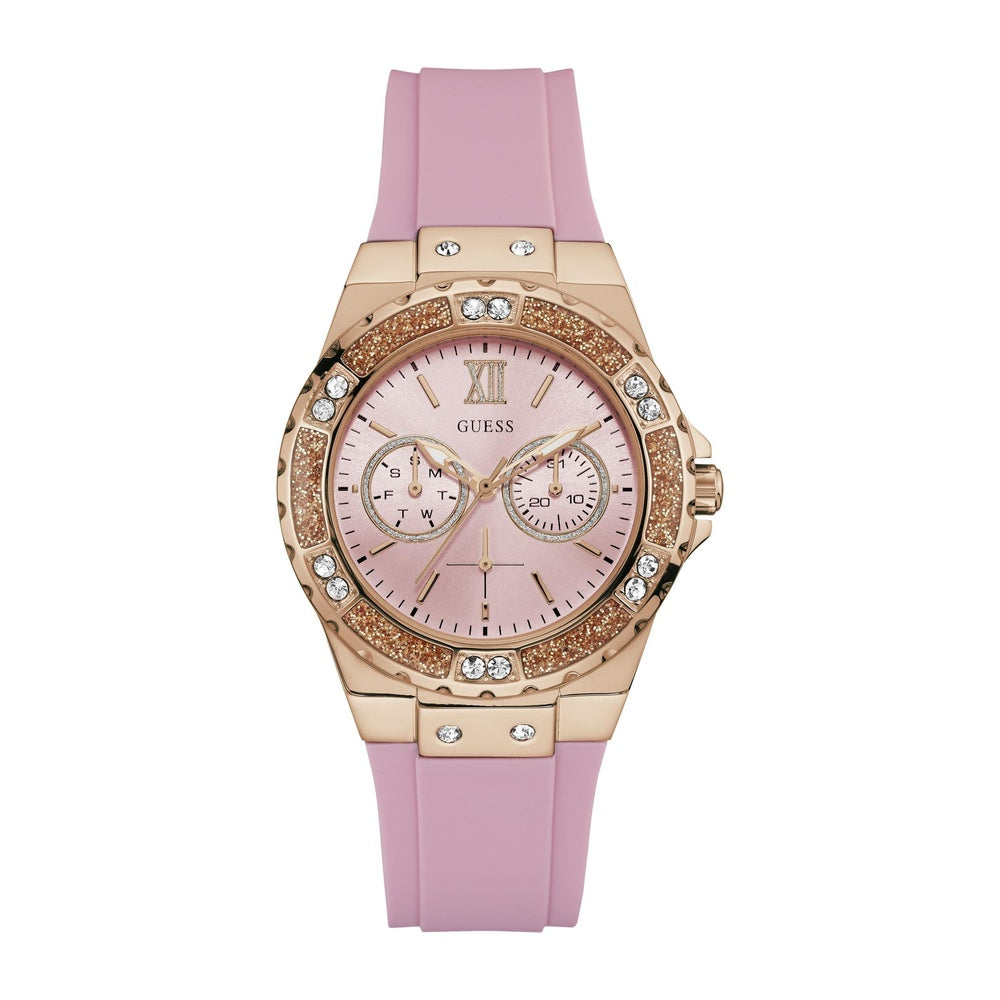 Reloj GUESS de silicona rosa para mujer, resistente al agua, acero inoxidable, cronógrafo y función día-fecha