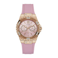 Reloj GUESS de silicona rosa para mujer, resistente al agua, acero inoxidable, cronógrafo y función día-fecha