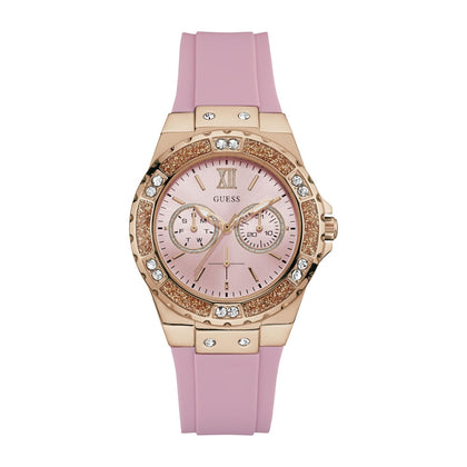 Reloj GUESS de silicona rosa para mujer, resistente al agua, acero inoxidable, cronógrafo y función día-fecha