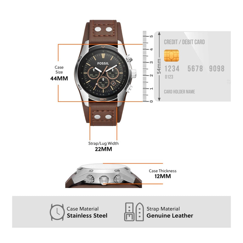 Reloj Fossil Coachman de cuarzo, acero inoxidable y cuero, cronógrafo analógico resistente al agua, color marrón y negro