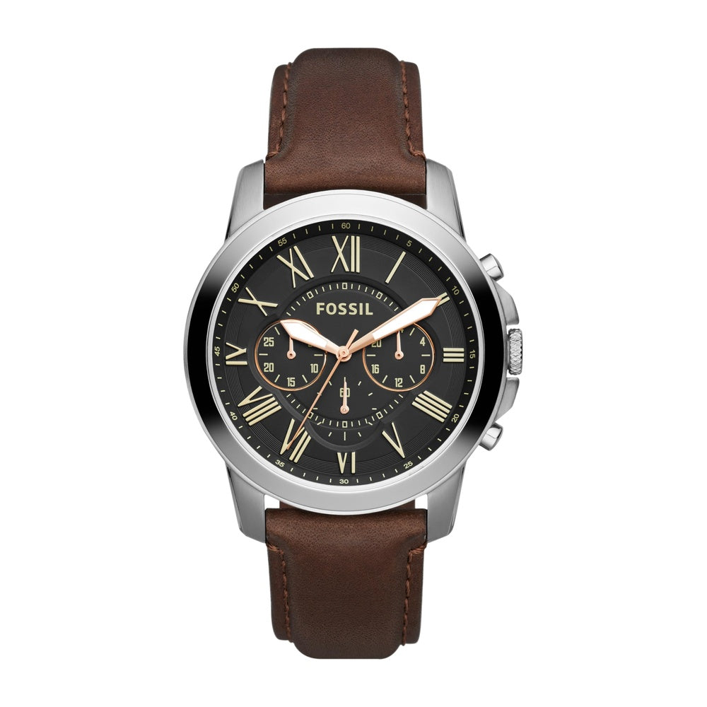 Reloj cronógrafo para hombre de acero inoxidable y cuero negro con detalles dorados, movimiento de cuarzo, modelo Grant