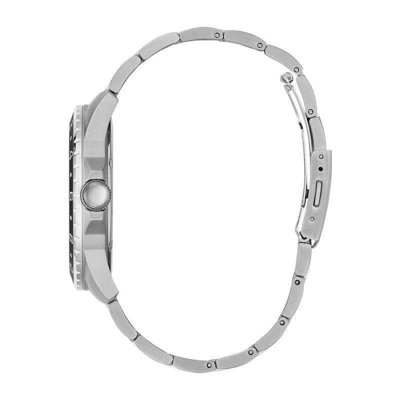 Reloj analógico GUESS para hombre con correa de acero, esfera negra y funciones de cronógrafo internacional
