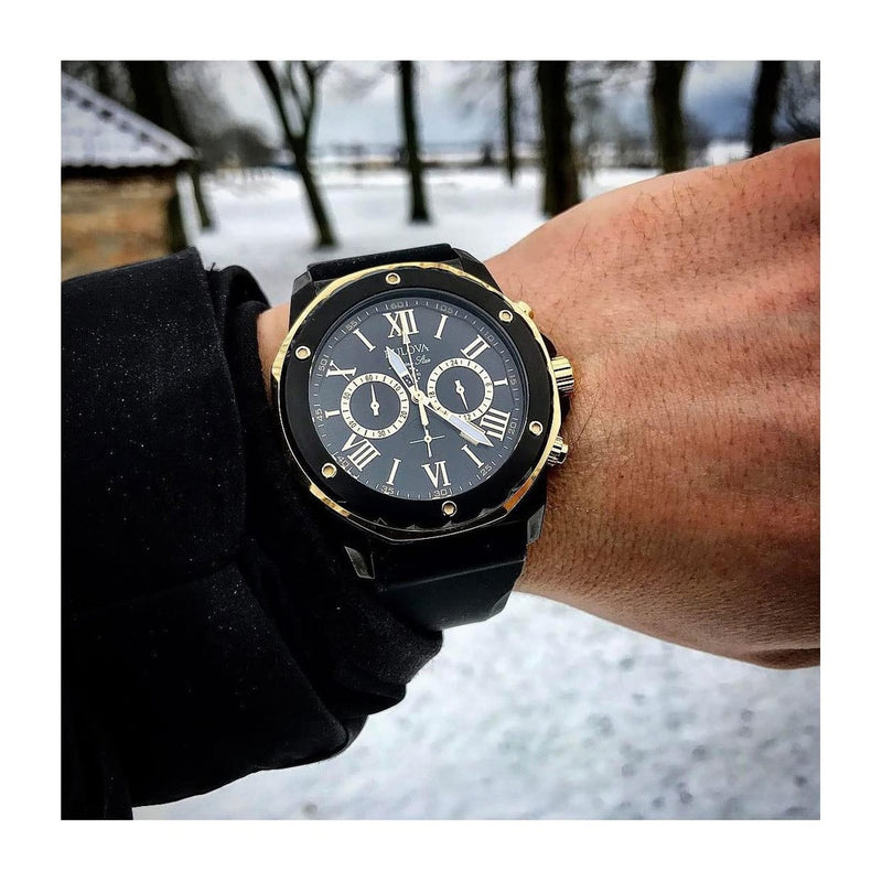 Reloj de cuarzo Bulova Marine Star Series A con cronógrafo, acero inoxidable ionizado en oro negro/rosa, correa de silicona negra