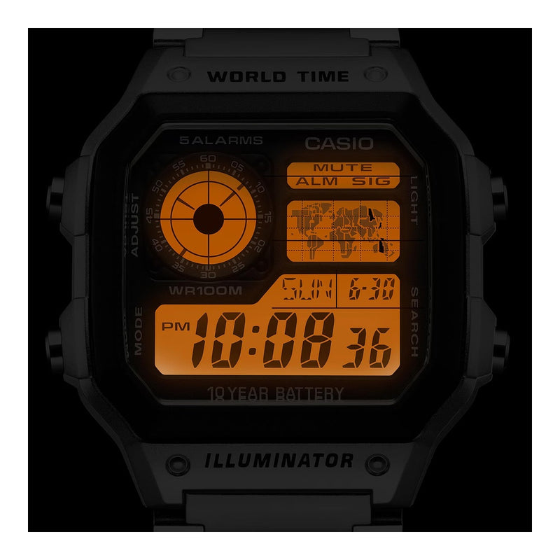 Reloj digital para hombre Casio Serie AE1200WH, resistente al agua, alarmas múltiples, cronómetro, temporizador y luz LED