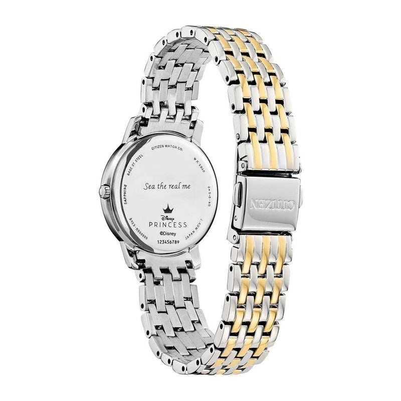 Citizen Eco-Drive Disney Princess Ariel Reloj con diamantes tono dorado, esfera azul de cristal de zafiro, modelo EX1499-50W