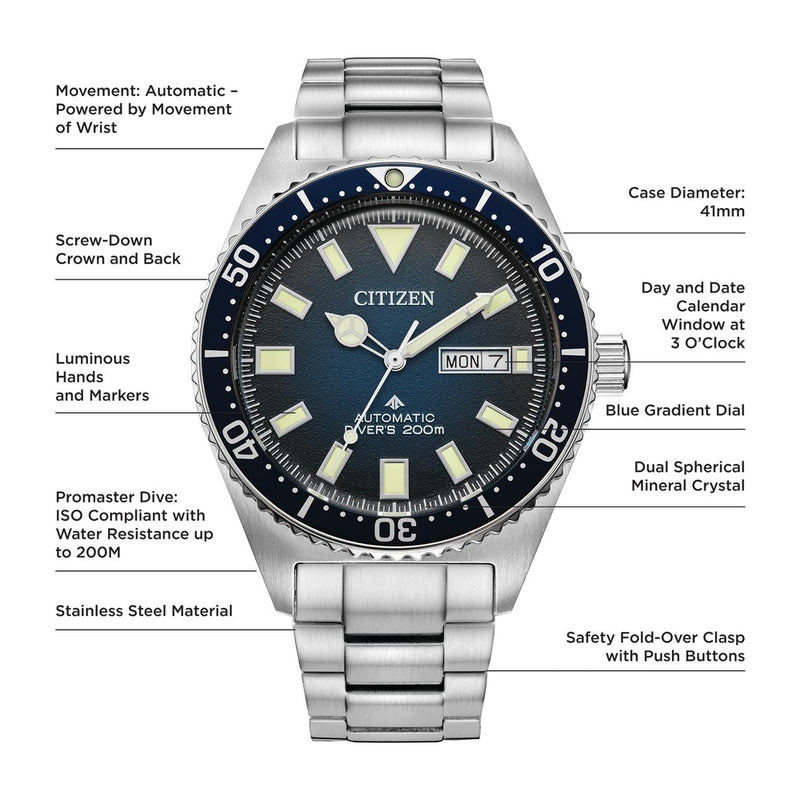 Reloj Citizen Promaster Dive automático de acero inoxidable con esfera degradado azul, certificado ISO (Modelo: NY0129-58L)
