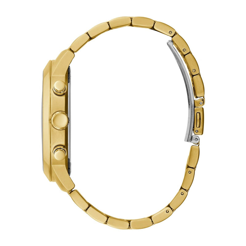 Reloj de pulsera multifunción GUESS para hombre, acero inoxidable dorado con detalles negros, pantalla analógica y calendario