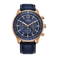 Citizen Eco-Drive Weekender Sport Casual Cronógrafo en acero inoxidable oro rosa, correa de cuero azul, esfera azul