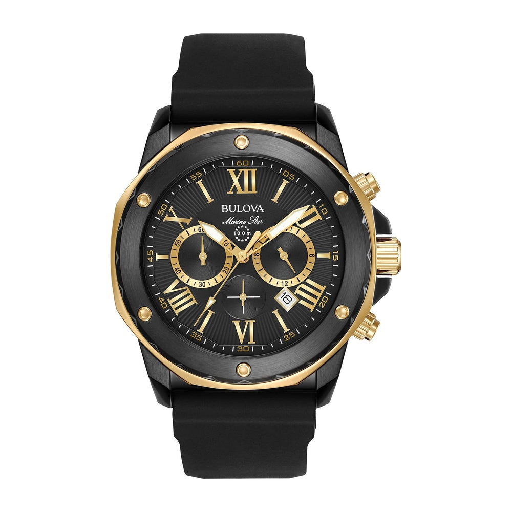 Reloj de cuarzo Bulova Marine Star Series A con cronógrafo, acero inoxidable ionizado en oro negro/rosa, correa de silicona negra