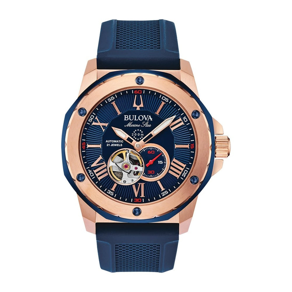 Bulova Reloj Automático Marine Star Esfera Azul para Hombre con Acabado Oro Rosa