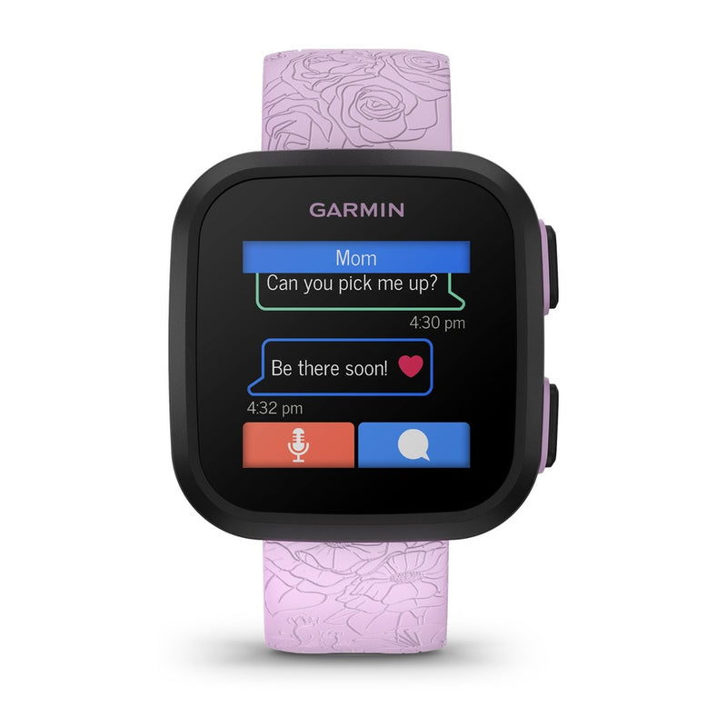 Reloj inteligente Garmin Bounce para niños con texto bidireccional, mensajes de voz y seguimiento de ubicación, lila floral