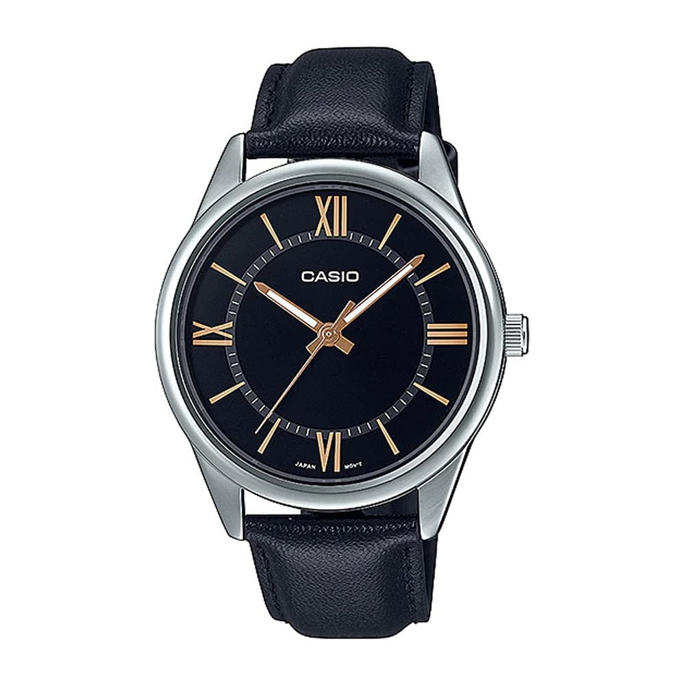 Casio MTP-V005L-1B5 Reloj analógico con correa de cuero negro y numeración romana, movimiento cuarzo