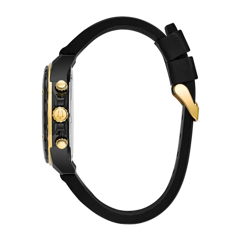 Reloj de cuarzo Bulova Marine Star Series A con cronógrafo, acero inoxidable ionizado en oro negro/rosa, correa de silicona negra
