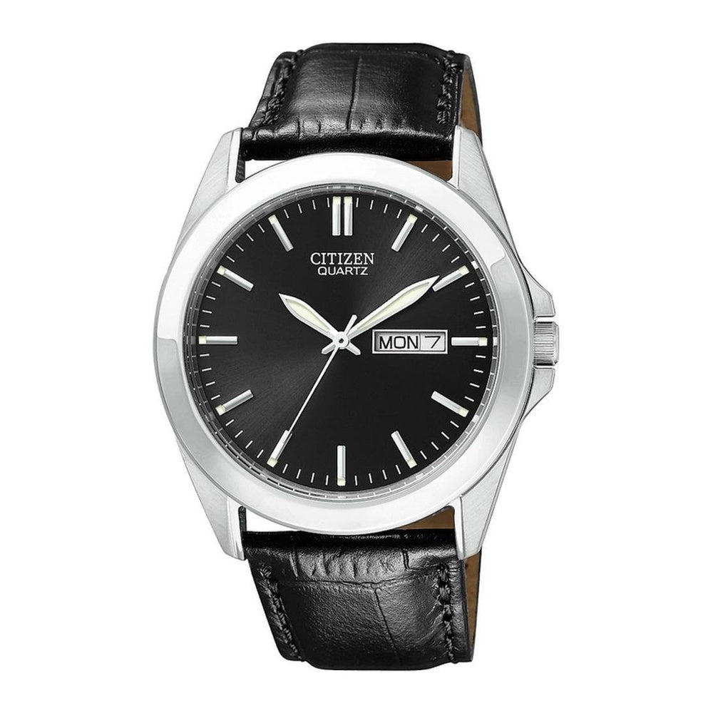 Citizen Reloj de cuarzo para hombre con caja de acero inoxidable y correa de piel, casual, negro