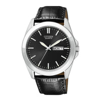 Citizen Reloj de cuarzo para hombre con caja de acero inoxidable y correa de piel, casual, negro