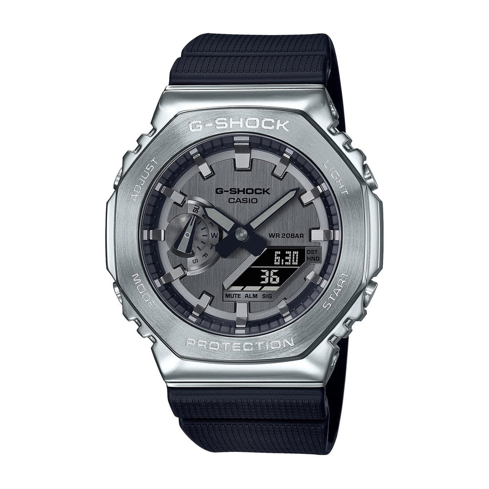 G-Shock Reloj Casio GM2100-1A con banda de resina negra y cubierta de metal, diseño octogonal deportivo, resistente al agua