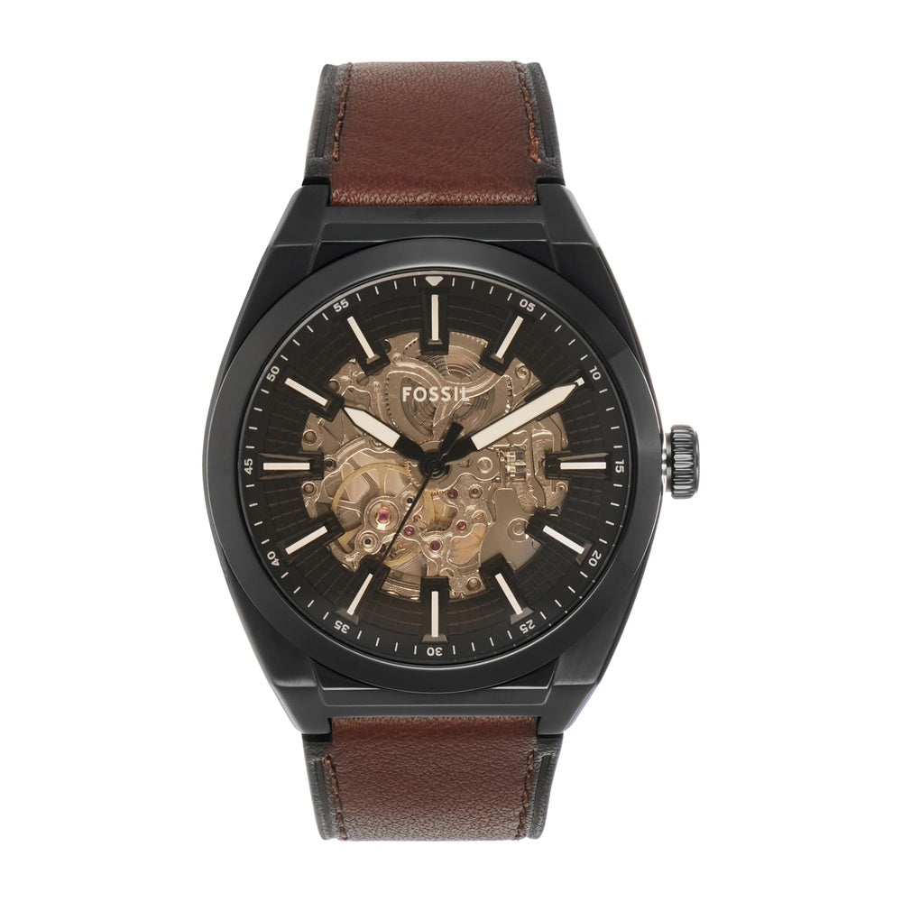Reloj de Pulsera Automático Fossil Everett en Acero Inoxidable con Correa de Cuero, Esfera Negra y Resistente al Agua