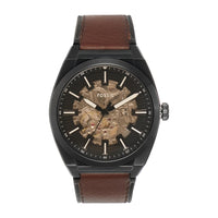 Reloj de Pulsera Automático Fossil Everett en Acero Inoxidable con Correa de Cuero, Esfera Negra y Resistente al Agua