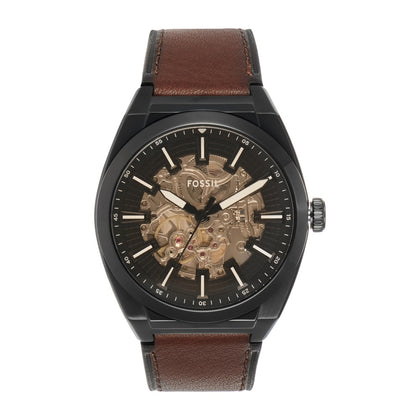 Reloj de Pulsera Automático Fossil Everett en Acero Inoxidable con Correa de Cuero, Esfera Negra y Resistente al Agua