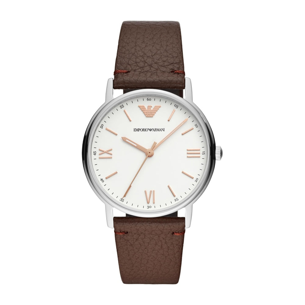 Emporio Armani Reloj de cuero para hombre con tres manecillas, esfera blanca y correa marrón de cuero