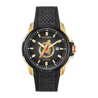 Citizen Reloj Eco-Drive Marvel Avengers para hombre, tono dorado con correa de silicona negra y ventana de calendario