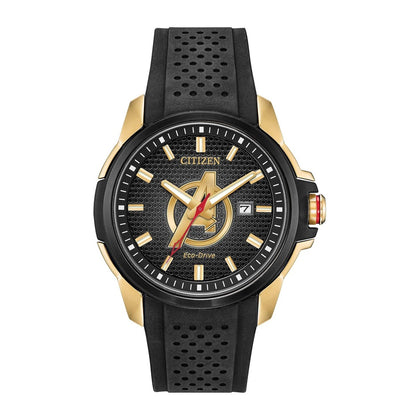 Citizen Reloj Eco-Drive Marvel Avengers para hombre, tono dorado con correa de silicona negra y ventana de calendario