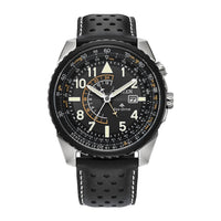 Citizen Reloj Eco-Drive Promaster Nighthawk para hombre, correa de cuero negro, esfera negra, hora dual, resistente al agua