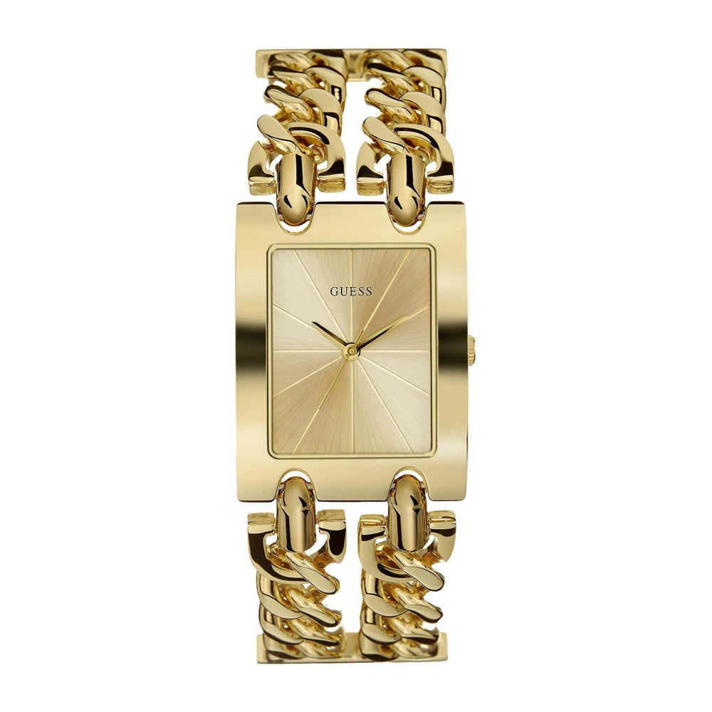 GUESS Reloj de pulsera multicadena para mujer en tono plateado con dial dorado y segundero, resistente a arañazos