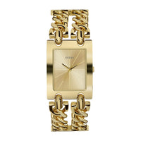 GUESS Reloj de pulsera multicadena para mujer en tono plateado con dial dorado y segundero, resistente a arañazos