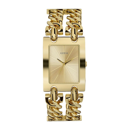 GUESS Reloj de pulsera multicadena para mujer en tono plateado con dial dorado y segundero, resistente a arañazos