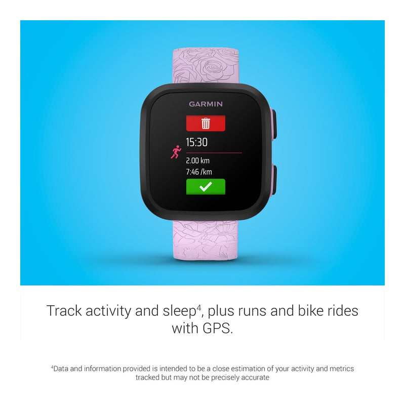 Reloj inteligente Garmin Bounce para niños con texto bidireccional, mensajes de voz y seguimiento de ubicación, lila floral