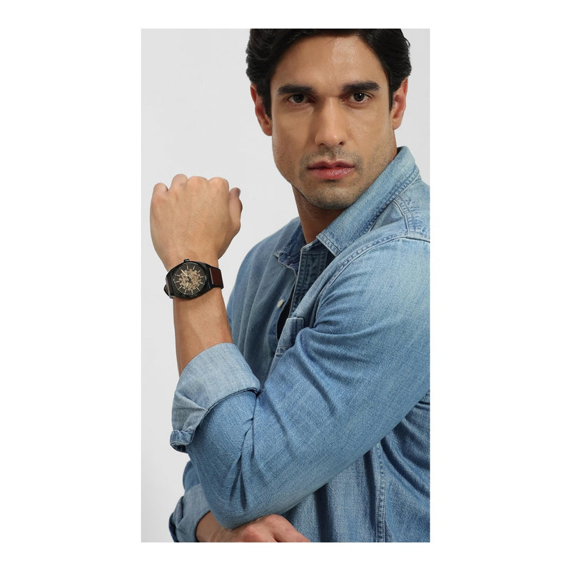 Reloj de Pulsera Automático Fossil Everett en Acero Inoxidable con Correa de Cuero, Esfera Negra y Resistente al Agua