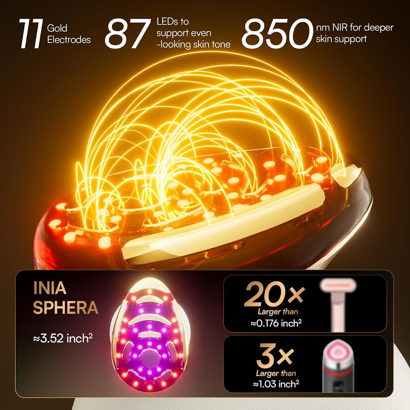 Dispositivo facial microcorriente 8 en 1 INIA SPHERA con luz roja, tratamiento térmico y modos personalizados para cuidado en casa