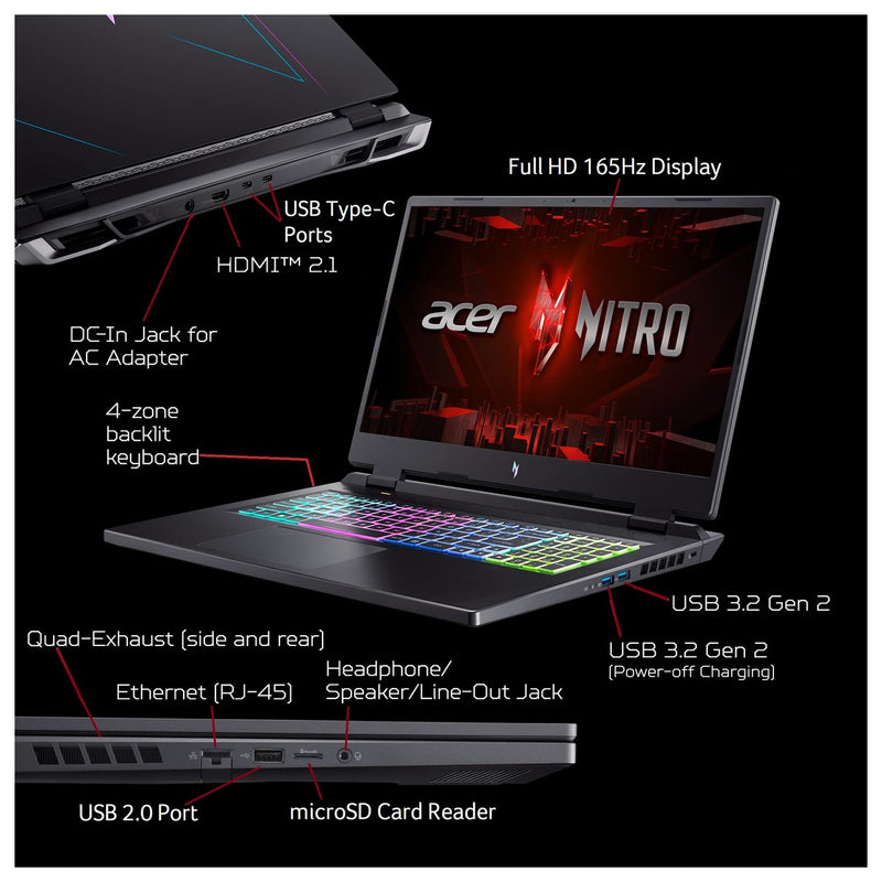 Acer Nitro 17 Laptop Gamer AN17-41-R8N5 17.3" 165Hz AMD Ryzen 7 7735HS 16GB RAM 1TB SSD RTX 4050 RGB Backlit KB Black (2023)