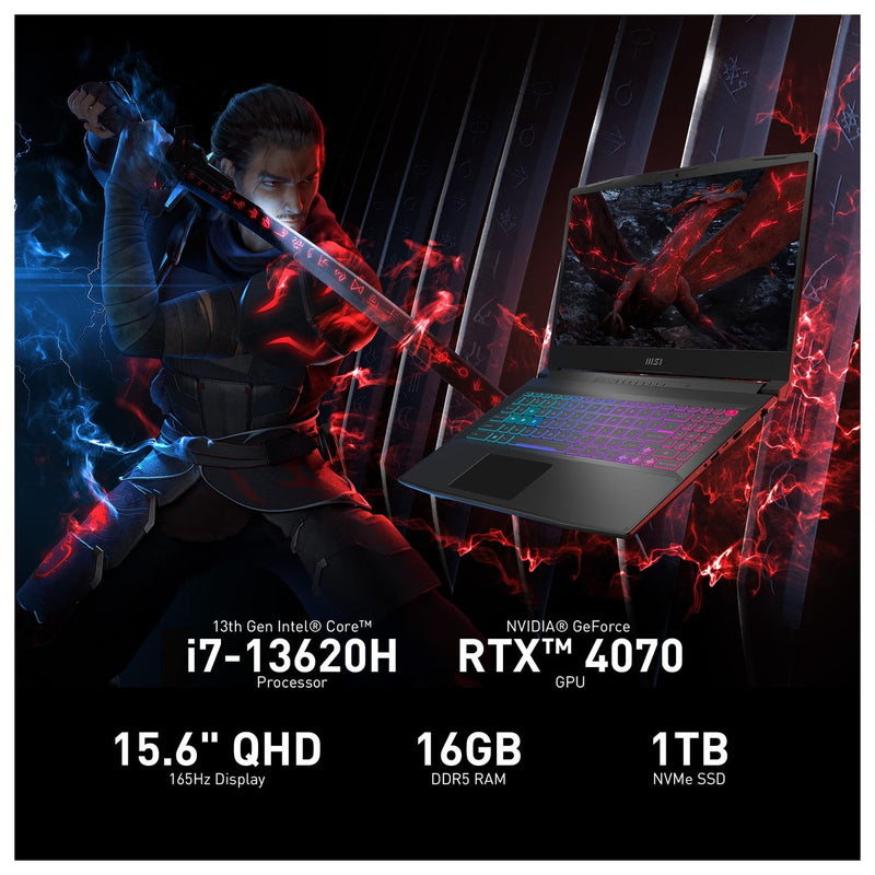 MSI Katana 15 Gaming Laptop 15.6" 165Hz QHD: Intel Core i7-13620H, NVIDIA GTX 4070, 16GB DDR5, 1TB NVMe SSD, Cooler Boost 5, Win 11: Negro