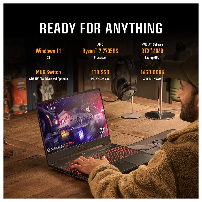 ASUS TUF Gaming A15 (2023), Laptop gaming, 15.6'' FHD 144Hz, 100% sRGB, GeForce RTX 4060, Ryzen 7 7735HS, 16GB DDR5, 1TB PCIe SSD, Win 11
