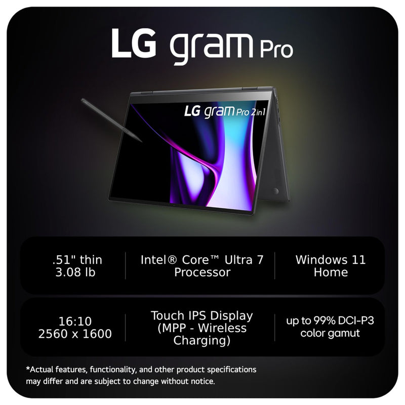 Lg Gram Pro 2 En 1 Portátil Ligero Y Versátil 16 Pulgadas, Intel Core Ultra 7, 16gb Ram, 1 Tb Ssd, Negro