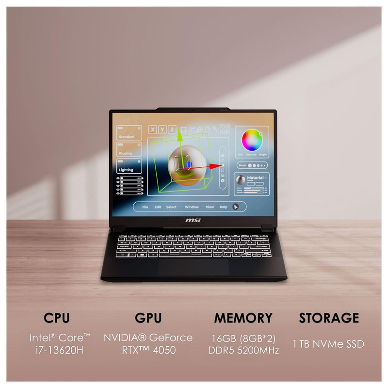 MSI Creator M14 14" 2.8K Laptop: Intel Core i7-13620H, RTX 4050, 16GB RAM, 1TB SSD, Win 11, Negro