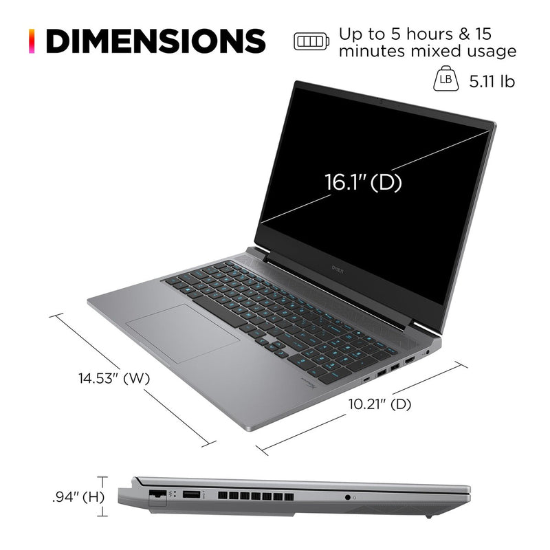HP OMEN - Laptop de 16 pulgadas, FHD 144 Hz, Intel i7-14700HX, 16 GB RAM, 512 GB SSD, NVIDIA RTX 4060 (8 GB dedicado), Win 11, 16-ae0009nr (2024)