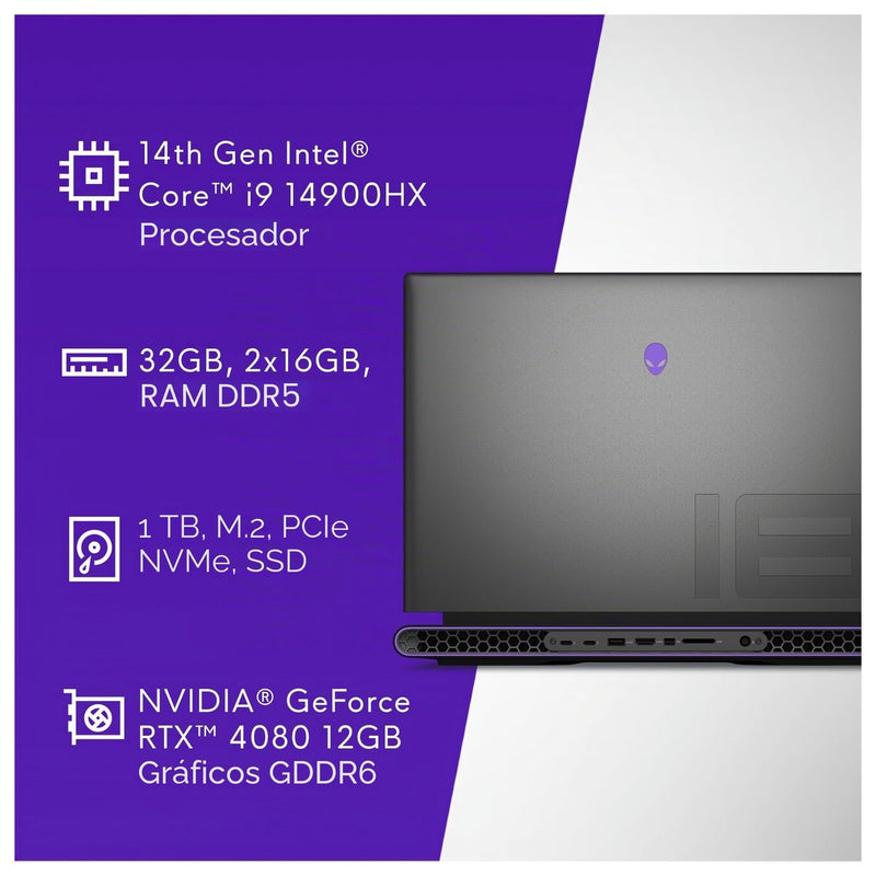 Alienware Portátil Para Juegos M18 R2 18" QHD+ 165Hz I9 32GB 1TB RTX 4080 Luna