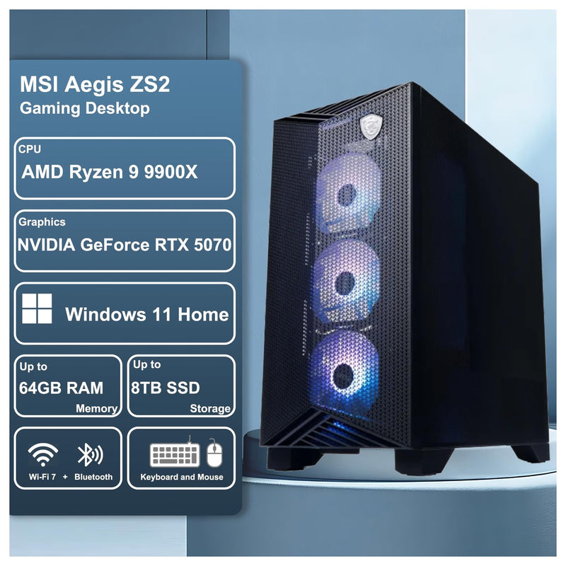 PC de escritorio para juegos MSI Aegis ZS2 con AMD Ryzen 9 9900X, 32GB RAM, 4TB SSD, GeForce RTX 5070, refrigeración líquida